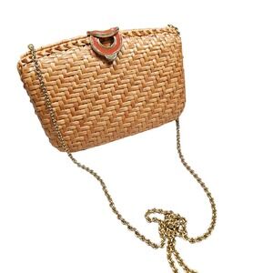 Vintage Rodo Woven Straw Clutch Shoulder Evening Bag Gold‎ Chain Leather Lining